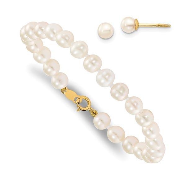 14K Madi K 4-5mm White Freshwater Cultured Pearl Bracelet and Earring Set