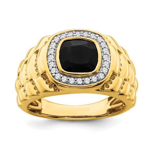 14K Lab Grown Diamond and Onyx Textured Men's Ring