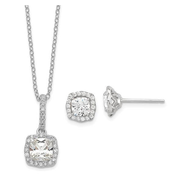 Sterling Silver Polished Rhodium-plated CZ 18in Necklace/Post Earrings Set